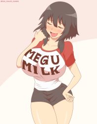 Rule 34 | 1girl, absurdres, alternate breast size, black shorts, blouse, blush, breasts, brown hair, closed eyes, clothes writing, collarbone, commentary, cowboy shot, crossover, hand on own hip, highres, hinnyuu kyonyuu history, kono subarashii sekai ni shukufuku wo!, large breasts, mega milk, megumin, meme, numen, parody, pink background, shirt, short hair with long locks, short sleeves, shorts, solo, source quote parody, standing, thick thighs, thighs, twitter username, white background, white shirt, wide hips
