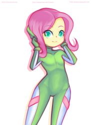 Rule 34 | 1girl, bodysuit, colored skin, diving suit, drantyno, flat chest, fluttershy, gloves, green bodysuit, green eyes, green gloves, hasbro, highres, long hair, looking at viewer, my little pony, my little pony: equestria girls, my little pony: friendship is magic, pink hair, smile, standing, wetsuit, white background, yellow skin