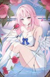 Rule 34 | 1girl, absurdres, angel wings, blue archive, blush, breasts, broken mirror, choker, cleavage, closed mouth, dress, feathered wings, flower, halo, highres, kneehighs, large breasts, long hair, mika (blue archive), mirror, pink hair, pink halo, red flower, red rose, rose, sitting, smile, socks, solo, white choker, white dress, white socks, white wings, wings, yellow eyes, yum draw