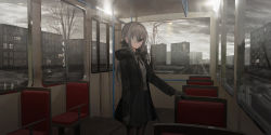 Rule 34 | 1girl, absurdres, bare tree, black bow, black gloves, black jacket, black pantyhose, black skirt, bow, braid, building, bus interior, chihuri, closed mouth, cloud, cloudy sky, collared shirt, day, dress shirt, eve (chihuri), eyepatch, gloves, grey eyes, grey hair, grey shirt, hair between eyes, hair bow, highres, hood, hood down, hooded jacket, jacket, lamppost, long hair, long sleeves, looking at viewer, medical eyepatch, open clothes, open jacket, original, pantyhose, pleated skirt, power lines, shirt, skirt, sky, sleeves past wrists, solo, tree, very long hair