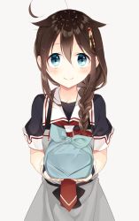 Rule 34 | 1girl, ahoge, apron, blue eyes, braid, brown hair, commentary request, cowboy shot, grey background, hair between eyes, hair flaps, hair ornament, hair over shoulder, hair ribbon, hairpin, holding, kantai collection, long hair, looking at viewer, naoto (tulip), necktie, ribbon, school uniform, serafuku, shigure (kancolle), shigure kai ni (kancolle), short sleeves, simple background, single braid, smile, solo, tareme, wrapped bento