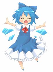 Rule 34 | 1girl, bad id, bad pixiv id, blue hair, cirno, closed eyes, embodiment of scarlet devil, female focus, full body, outstretched arms, ro man, short hair, simple background, smile, solo, spread arms, touhou, wings