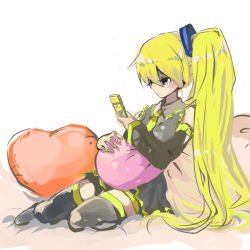 Rule 34 | 1girl, akita neru, bad id, bad pixiv id, black eyes, blonde hair, cellphone, detached sleeves, gm, heart, heart-shaped pillow, long hair, necktie, phone, pillow, side ponytail, sitting, skirt, solo, thighhighs, vocaloid