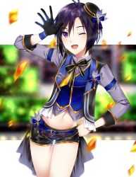 Rule 34 | 1girl, ;d, antenna hair, asymmetrical gloves, bad id, bad pixiv id, black gloves, black hair, black shorts, blue eyes, blurry, blurry background, contrapposto, gloves, groin, hachiware, hair between eyes, highres, idolmaster, idolmaster (classic), kikuchi makoto, long sleeves, looking at viewer, midriff, navel, one eye closed, open mouth, short hair, short shorts, shorts, single glove, smile, solo, stomach, thigh gap, uneven gloves