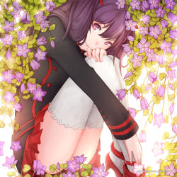 Rule 34 | 1girl, black jacket, commentary, d.gray-man, double horizontal stripe, english commentary, flower, hair ornament, head rest, head tilt, high heels, highres, jacket, knees up, legs, lenalee lee, long hair, long sleeves, looking at viewer, purple eyes, purple flower, purple hair, red footwear, red skirt, shirasame, skirt, solo, thighhighs, white thighhighs