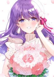 Rule 34 | 1girl, alternate costume, bouquet, commentary request, dated, dress, english text, fate/stay night, fate (series), flower, grin, hair between eyes, hair ribbon, happy birthday, holding, holding bouquet, long hair, looking at viewer, matou sakura, petals, pink flower, pink ribbon, pink rose, purple eyes, purple hair, ribbon, rose, sakura (tariliko), simple background, sleeveless, sleeveless dress, smile, solo, white background, white dress