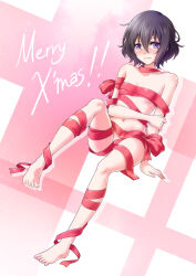 Rule 34 | 1girl, absurdres, barefoot, bdsm, black hair, breasts, christmas, closed mouth, feet, highres, levana violette (lusan666), lusan666, merry christmas, nude, original, purple eyes, red ribbon, ribbon, small breasts, solo, toes