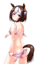 Rule 34 | 1girl, :o, animal ears, ass, back, bad id, bad pixiv id, bow, bra, breasts, brown hair, butt crack, cowboy shot, highres, horse ears, horse girl, horse tail, kaze makase, looking at viewer, looking back, multicolored hair, open bra, panties, panty pull, parted lips, pink bow, pink panties, pulled by self, purple eyes, short hair, simple background, small breasts, solo, special week (umamusume), standing, tail, thighs, two-tone hair, umamusume, underwear, underwear only, unfastened, white background