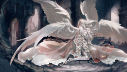 Rule 34 | 1girl, angel, angel wings, artist name, bare shoulders, building, claparo, crack, cracked floor, dress, feathered wings, feathers, fingernails, half-closed eyes, highres, light particles, light rays, long hair, multiple wings, nail polish, original, parted lips, pink lips, red eyes, silhouette, silver hair, solo, teeth, upper teeth only, veil, white dress, white legwear, white nails, white theme, window, wings