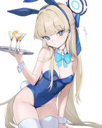 Rule 34 | 1girl, animal ears, bare shoulders, blonde hair, blue archive, blue eyes, blue hair, braid, cocktail glass, cup, drinking glass, fake animal ears, halo, highres, leotard, long hair, looking at viewer, multicolored hair, playboy bunny, rabbit ears, rabbit tail, solo, streaked hair, tail, thighhighs, toki (blue archive), toki (bunny) (blue archive), tray, u tnmn, very long hair, white thighhighs, wrist cuffs