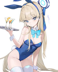 1girl animal_ears bare_shoulders blonde_hair blue_archive blue_eyes blue_hair braid cocktail_glass cup detached_collar drinking_glass fake_animal_ears halo highres leotard long_hair looking_at_viewer multicolored_hair playboy_bunny rabbit_ears rabbit_tail solo streaked_hair tail thighhighs toki_(blue_archive) toki_(bunny)_(blue_archive) tray u_tnmn very_long_hair white_thighhighs wrist_cuffs