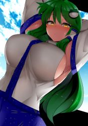 Rule 34 | 1girl, :/, armpits, arms behind head, arms up, blue skirt, blue sky, blush, breasts, closed mouth, commentary, day, detached sleeves, frog hair ornament, green hair, hair ornament, highres, kochiya sanae, large breasts, long hair, long sleeves, looking at viewer, mizuga, nontraditional miko, outdoors, print skirt, shirt, sideboob, skirt, sky, sleeveless, sleeveless shirt, snake hair ornament, solo, standing, sweat, sweatdrop, symbol-only commentary, touhou, white shirt, wing collar, yellow eyes