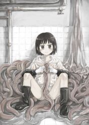 Rule 34 | 1girl, animal, animal request, aremoyou, black eyes, black hair, blush, boots, commentary request, covering privates, eel, full body, gloves, grin, highres, holding, holding animal, indoors, industrial pipe, jacket, long sleeves, looking at viewer, mucus, naked jacket, original, pile, rubber boots, see-through, see-through jacket, short hair, sitting, slime (substance), smile, solo, spread legs, tile floor, tile wall, tiles, too many, white gloves