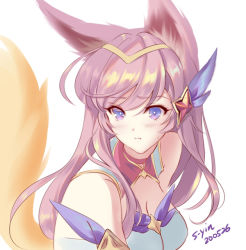 Rule 34 | 1girl, ahri (league of legends), animal ear fluff, animal ears, artist name, bad id, bad pixiv id, bare shoulders, bishoujo senshi sailor moon, blush, breasts, cleavage, commentary request, cosplay, dated, derivative work, detached collar, fox ears, fox tail, hair between eyes, hair ornament, hair over shoulder, league of legends, long hair, looking at viewer, medium breasts, meme, pink hair, pout, purple eyes, s-yin, sailor moon, sailor moon (cosplay), sailor moon redraw challenge (meme), sailor senshi uniform, simple background, solo, star guardian (league of legends), star guardian ahri, tail, tiara, upper body, white background, wolf ears, wolf girl, wolf tail