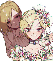 Rule 34 | 2girls, blade to throat, blonde hair, blush, brooch, character request, closed mouth, dagger, dress, flower, holding, holding dagger, holding knife, holding weapon, identity v, jewelry, knife, looking at viewer, multiple girls, purple eyes, reverse grip, rose, sanpaku, shirt, siblings, simple background, sisters, smile, spoilers, weapon, white background, white dress, white flower, white rose, white shirt, yp (pypy 5 )