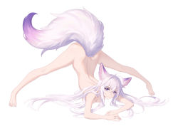 Rule 34 | 1girl, absurdres, animal ear fluff, animal ears, antenna hair, ass, back, barefoot, breast press, breasts, closed mouth, commentary request, completely nude, fox ears, fox girl, fox tail, full body, hair intakes, highres, jack-o&#039; challenge, kirby d a, large tail, long hair, looking at viewer, medium breasts, nude, original, purple eyes, silver hair, simple background, smile, solo, spread legs, tail, top-down bottom-up, very long hair, white background