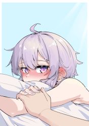 Rule 34 | 1boy, 1girl, age difference, bed sheet, blue background, blush, border, completely nude, hetero, highres, holding hands, looking at viewer, lying, nail polish, nose blush, nude, on bed, on stomach, outside border, pillow, purple eyes, purple hair, purple nails, short hair, simple background, solo focus, upper body, vocaloid, voiceroid, white border, yuzuki yukari, zooanime