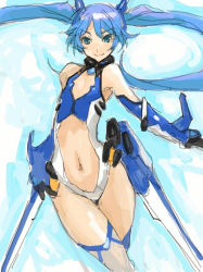 Rule 34 | 1girl, armor, armpits, asataro, bare shoulders, blue eyes, blue hair, bodysuit, breasts, cleavage cutout, clothing cutout, cowboy shot, crossed legs, elbow gloves, faulds, flat chest, floating hair, gloves, halterneck, headgear, hip focus, leotard, light smile, long hair, looking at viewer, magical girl, matching hair/eyes, mecha musume, midriff, navel, navel cutout, ore twintail ni narimasu, revealing clothes, sketch, smile, solo, tailblue, thighhighs, tsube aika, turtleneck, twintails, vambraces, very long hair