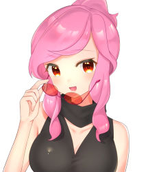 Rule 34 | 1girl, :d, bare arms, blush, commentary request, creatures (company), game freak, hand up, holding, holding removed eyewear, looking at viewer, malva (pokemon), nintendo, open mouth, orange-tinted eyewear, pink hair, pokemon, pokemon xy, scarf, sidelocks, sleeveless, smile, solo, sunglasses, swept bangs, takahara, tinted eyewear, tongue, unworn eyewear, upper body
