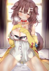 Rule 34 | 1girl, absurdres, animal ears, areola slip, bare legs, blush, bone hair ornament, braid, breasts, breath, brown eyes, brown hair, cartoon bone, cleavage, collar, dog ears, dog girl, dog tail, hair ornament, hand on own chest, highres, hololive, in heat, indoors, inugami korone, inugami korone (1st costume), large breasts, long hair, long sleeves, looking at viewer, niku (hamuchang), off shoulder, on bed, parted lips, red collar, sitting, solo, tail, twin braids, virtual youtuber, wariza, window