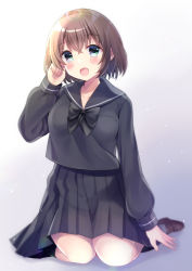Rule 34 | 1girl, :d, bad id, bad pixiv id, black bow, black sailor collar, black serafuku, black shirt, black skirt, blue eyes, blurry, blurry background, blush, bow, breasts, brown footwear, brown hair, collarbone, commentary request, depth of field, fang, fingernails, full body, gradient background, grey background, hair between eyes, head tilt, highres, loafers, long sleeves, looking at viewer, medium breasts, minami saki, moe2019, open mouth, original, pleated skirt, sailor collar, school uniform, serafuku, shirt, shoes, short hair, sitting, skirt, sleeves past wrists, smile, solo, white background