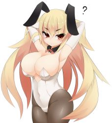 Rule 34 | 1girl, ?, animal ears, armpits, arms up, bad id, bad twitter id, bare shoulders, black pantyhose, blonde hair, blush, bow, bowtie, breasts, cleavage, covered navel, detached collar, elbow gloves, fake animal ears, fishnet pantyhose, fishnets, gloves, hair lift, highres, inactive account, large breasts, leotard, long hair, original, pantyhose, playboy bunny, rabbit ears, red eyes, simple background, solo, white gloves, wrist cuffs, zasuta