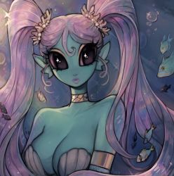 Rule 34 | 1girl, absurdres, animal ears, armlet, black eyes, blue skin, breasts, cleavage, closed mouth, colored sclera, colored skin, fins, fish, gold bracelet, head fins, highres, lipstick, long hair, looking at viewer, makeup, matilda fiship, medium breasts, original, pasties, pink hair, pink lips, pink sclera, puckered lips, shell, shell bikini, solo, twintails, underwater
