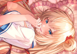 Rule 34 | 1girl, akai haato, akai haato (1st costume), blonde hair, blue eyes, blush, braid, breasts, commentary request, hair ribbon, hands up, headpat, highres, hololive, long hair, looking at viewer, magowasabi, nail polish, one side up, red ribbon, ribbon, shirt, short sleeves, signature, solo, twin braids, upper body, virtual youtuber, white shirt
