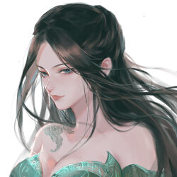 Rule 34 | 1girl, absurdres, bare shoulders, black hair, blue eyes, breasts, closed mouth, e ming (n/a), highres, large breasts, long eyelashes, long hair, painting (medium), portrait, qinshi mingyue, second-party source, shoulder tattoo, smile, smug, solo, tattoo, traditional media, watercolor (medium), white background, yanling ji (qin shi ming yue)