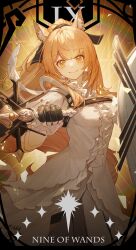 Rule 34 | 1girl, absurdres, animal ear fluff, animal ears, arknights, black gloves, blemishine (arknights), blemishine (elite ii) (arknights), blonde hair, center frills, closed mouth, cowboy shot, dress, frills, gloves, highres, holding, holding sword, holding weapon, horse ears, horse girl, kotatsu kaya, long hair, long sleeves, looking at viewer, orange eyes, ponytail, roman numeral, shield, smile, solo, sword, tarot, tarot (card), tarot (medium), very long hair, weapon, white dress