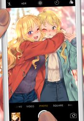 Rule 34 | 2girls, :d, :o, ahoge, black sweater, blonde hair, blue coat, blue eyes, blue shorts, blush, breasts, camera phone, cellphone, christmas, christmas tree, cleavage, coat, commentary, denim, denim shorts, djheycha, english commentary, green eyes, highres, hoshii miki, hug, idolmaster, idolmaster (classic), idolmaster cinderella girls, long hair, looking at viewer, medium breasts, multiple girls, ohtsuki yui, one eye closed, open clothes, open coat, open mouth, phone, pov, pov hands, red coat, ribbed sweater, scarf, shorts, smartphone, smile, standing, sweater, taking picture, viewfinder, winter clothes, winter coat