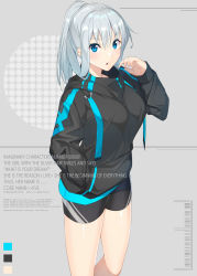 Rule 34 | 1girl, :o, bike shorts, black jacket, black shorts, blue eyes, color guide, commentary, cowboy shot, english commentary, english text, engrish text, grey background, hand in pocket, highres, jacket, long sleeves, looking at viewer, medium hair, original, parted lips, ponytail, raitho, ranguage, shorts, silver hair, solo, standing