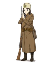 Rule 34 | 1girl, absurdres, anyan (jooho), bag, bayonet, belt, belt pouch, black eyes, black footwear, bolt action, boots, brown coat, brown hair, brown hat, coat, full body, gun, hat, highres, long sleeves, medium hair, military, military uniform, mosin-nagant, original, pouch, rifle, russian army, satchel, simple background, solo, standing, trench coat, uniform, weapon, white background, world war i