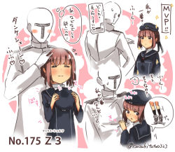 Rule 34 | 10s, 1boy, 1girl, ?, admiral (kancolle), black legwear, blunt bangs, blush stickers, brown eyes, character name, closed eyes, closed mouth, commentary request, dress, epaulettes, eyebrows, grabbing, hat, unworn hat, headpat, unworn headwear, heart, holding, holding clothes, holding hat, kantai collection, long sleeves, looking at another, military, military uniform, motion lines, mvp, naval uniform, open mouth, paper, pink hair, sailor dress, sailor hat, short hair, smile, socks, sparkle, speech bubble, spoken heart, spoken question mark, suzuki toto, sweatdrop, thought bubble, tiptoes, translation request, twitter username, uniform, z3 max schultz (kancolle)