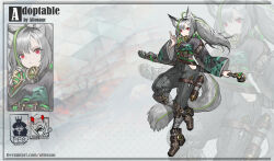 Rule 34 | 1girl, adoptable, ahoge, allosauc, animal ear fluff, animal ears, armored boots, artist name, belt, black sleeves, boots, brown belt, brown footwear, character sheet, closed mouth, cloud print, deviantart username, english text, expressionless, eyelashes, full body, gas mask, gradient background, green hair, grey background, grey hair, grey pants, grey shirt, hand gesture, high-waist pants, highres, holding, holding sword, holding weapon, knee pads, kunai, long hair, long sleeves, looking at viewer, mask, mask around neck, multicolored hair, multiple belts, multiple views, original, pants, polka dot, polka dot background, ponytail, projected inset, red eyes, scroll, sheath, sheathed, shirt, side slit, simple background, streaked hair, striped clothes, striped pants, sword, tail, thigh belt, thigh strap, triangle background, upper body, vertical-striped clothes, vertical-striped pants, watermark, weapon, weapon behind back, wide sleeves, wolf ears, wolf tail