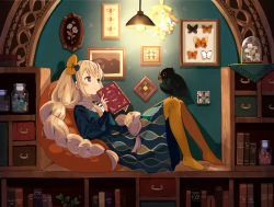 Rule 34 | 1girl, animal, bird, blonde hair, blue eyes, blue shirt, book, braid, bug, butterfly, ceiling light, commentary, eyebrows hidden by hair, holding, holding book, indoors, insect, insect collection, knees up, long hair, long sleeves, no shoes, open book, orange pantyhose, original, pantyhose, picture frame, puffy long sleeves, puffy sleeves, shirt, skirt, solo, symbol-only commentary, tobi (kotetsu), twin braids, twintails, very long hair