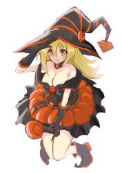 Rule 34 | 1girl, absurdres, adapted costume, arm up, bare shoulders, black footwear, black gloves, blonde hair, boots, breasts, cleavage, dark magician girl, dress, duel monster, gloves, green eyes, hat, highres, holding, holding wand, large breasts, long hair, looking at viewer, off-shoulder dress, off shoulder, pentagram, ryoha kosako, simple background, smile, solo, wand, white background, wizard hat, yu-gi-oh!, yu-gi-oh! duel monsters