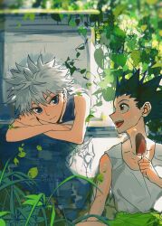 Rule 34 | 2boys, :d, bare arms, black hair, blue eyes, brown eyes, closed mouth, commentary request, crossed arms, day, food, gon freecss, highres, holding, holding food, holding ice cream, hunter x hunter, ice cream, killua zoldyck, leaf, looking at another, male focus, multiple boys, nature, open mouth, outdoors, popsicle, shenshan laolin, short hair, shorts, sitting, sleeveless, smile, sweat, tank top, white hair, white tank top