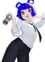 Rule 34 | 1girl, :d, animal ears, bear ears, black necktie, black pants, blue hair, blue nails, breasts, can, canned coffee, collared shirt, contrapposto, cowboy shot, drink can, fang, fingernails, gris (vertigris), highres, holding, holding can, long sleeves, looking at viewer, nail polish, necktie, office lady, open mouth, original, pants, pink eyes, shirt, shirt tucked in, short hair, simple background, small breasts, smile, solo, vertigris, white background