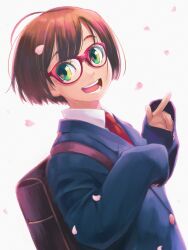 Rule 34 | 1girl, backpack, bag, blazer, bob cut, brown hair, cherry blossoms, collared shirt, commentary request, glasses, green eyes, jacket, looking at viewer, necktie, open mouth, original, petals, red-framed eyewear, red necktie, school uniform, shirt, short hair, simple background, smile, solo, upper body, v, wang-pac, white background