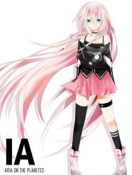 Rule 34 | 1girl, aqua eyes, asymmetrical legwear, bare shoulders, boots, braid, character name, female focus, full body, highres, ia (vocaloid), long hair, looking at viewer, mismatched legwear, off shoulder, pink hair, simple background, single sock, single thighhigh, skirt, socks, solo, standing, striped clothes, striped socks, thigh strap, thighhighs, twin braids, uneven legwear, very long hair, vocaloid, white background