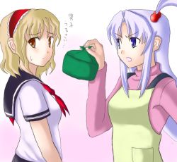 Rule 34 | 2girls, age difference, alice margatroid, alternate costume, apron, bento, blonde hair, female focus, gradient background, hair bobbles, hair ornament, hairband, long hair, lunch bag, mother and daughter, multiple girls, mystic square, purple eyes, purple hair, school uniform, serafuku, shinki (touhou), short hair, side ponytail, touhou, touhou (pc-98), translation request, yellow eyes