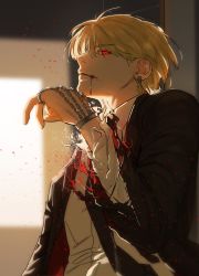 Rule 34 | 1boy, absurdres, black necktie, blonde hair, blood, blood from mouth, blood on face, blurry, blurry background, chain, earrings, formal, glowing, glowing eye, highres, horrng123, hunter x hunter, jewelry, kurapika, male focus, necktie, parted lips, red eyes, solo, suit, torn, torn clothes