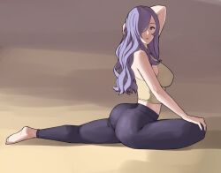 Rule 34 | 1girl, ass, babusgames, barefoot, breasts, camilla (fire emblem), feet, fire emblem, fire emblem fates, flexible, full body, hair over one eye, large breasts, long hair, looking at viewer, nintendo, on ground, pants, pigeon pose, purple eyes, purple hair, solo, split, stretching, thighs, wavy hair, yoga