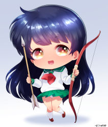 Rule 34 | 1girl, :d, arrow (projectile), born-to-die, bow, bow (weapon), chibi, female focus, full body, green skirt, highres, higurashi kagome, holding, inuyasha, loafers, long hair, long sleeves, looking at viewer, neckerchief, open mouth, panties, pantyshot, pleated skirt, sailor collar, school uniform, serafuku, shirt, shoes, simple background, skirt, smile, socks, solo, standing, underwear, uniform, weapon, white panties, white shirt, white sleeves, white socks