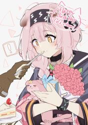 Rule 34 | !, 1girl, 1other, ?, arknights, black gloves, bouquet, cake, eating, flower, food, fork, gloves, goldenglow (arknights), hairband, happy birthday, infection monitor (arknights), lightning bolt symbol, pink hair, solo focus, speech bubble, spoken question mark, tsuyuki yuki, yellow eyes