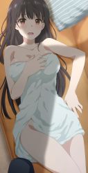 Rule 34 | 1girl, absurdres, bare shoulders, black hair, blunt bangs, blush, breasts, brown eyes, cleavage, collarbone, couch, covered navel, groin, hand on own chest, highres, irido yume, large breasts, long hair, looking at viewer, lying, mamahaha no tsurego ga moto kano datta, naked towel, nude, on back, on couch, open mouth, pov, screencap, shadow, stitched, thighs, third-party edit, towel