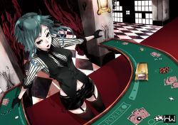 Rule 34 | 1girl, aqua hair, card, casino, casino card table, chain, facepaint, formal, garter belt, garter straps, gloves, green eyes, gumi, horns, mille (dieci), mirre, necktie, playing card, poker, poker chip, poker face (vocaloid), shorts, solo, suit, table, thighhighs, vocaloid