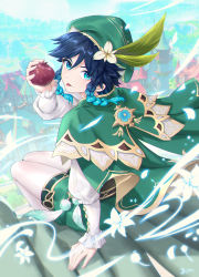 Rule 34 | 1boy, :p, apple, aqua eyes, beret, black hair, cape, commentary request, food, fruit, genshin impact, gradient hair, green cape, green hat, hat, highres, holding, holding food, holding fruit, linreplica, looking at viewer, male focus, multicolored hair, solo, tongue, tongue out, twintails, venti (genshin impact)