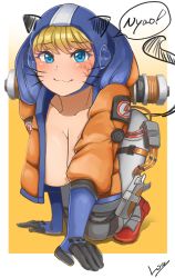 Rule 34 | 1girl, all fours, animal ears, animification, apex legends, blonde hair, blue eyes, blue gloves, blue headwear, breasts, cat ears, cleavage, collarbone, crawling, facial scar, fake animal ears, fake whiskers, gloves, highres, hood, hooded jacket, jacket, large breasts, loa (loa apex more), looking at viewer, orange jacket, pants, scar, scar on cheek, scar on face, smile, solo, wattson (apex legends), whiskers, white pants
